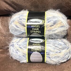 Sensations Angel Hair Stripes Yarn Blue Taupe Stripes Wool Blend Lot of 2 Skeins